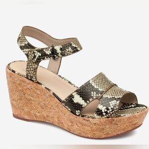 Johnston & Murphy Snake-Print Cork Wedge Sandals in Black and Cream